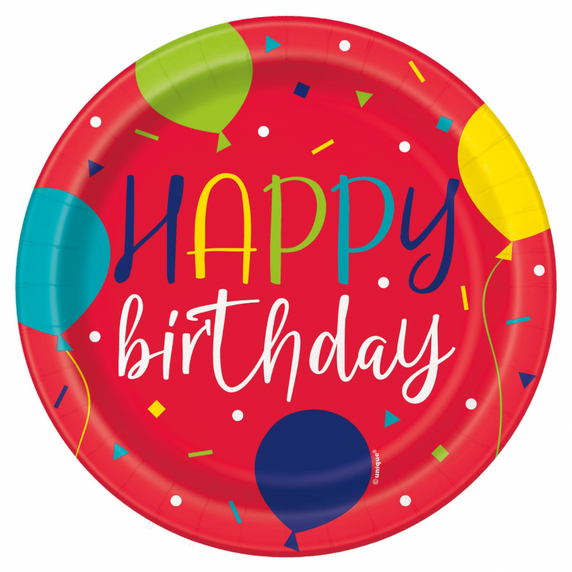Red paper plate with balloon design and Happy Birthday text