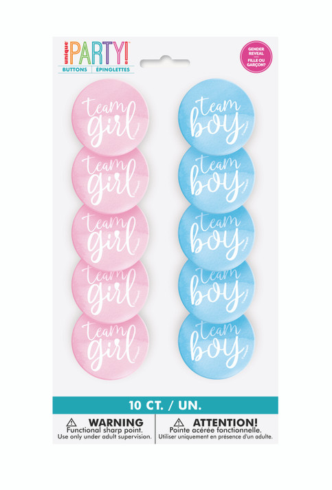 Team Boy and Team Girl gender reveal buttons 10 pack party accessories