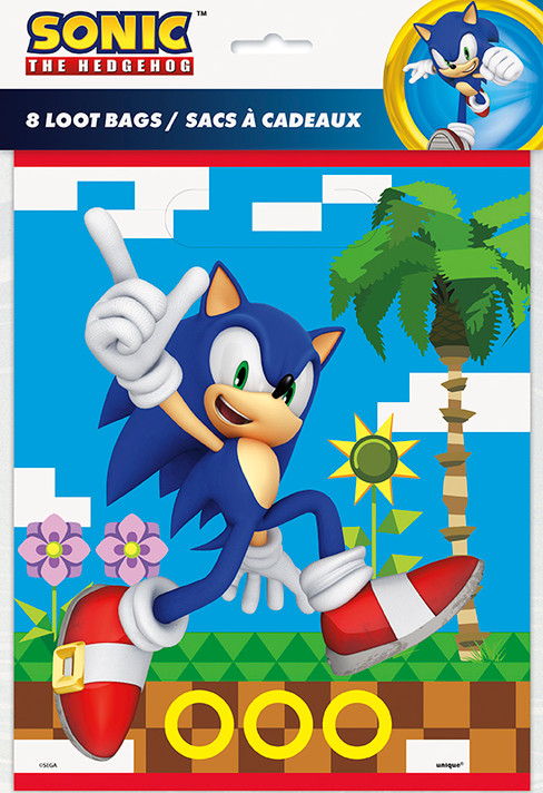 A set of 8 Sonic the Hedgehog loot bags, each featuring Sonic in an action pose against a colorful Green Hill Zone background. The bags have a built-in handle at the top and are made from durable plastic, making them ideal for holding treats, toys, and party favors.