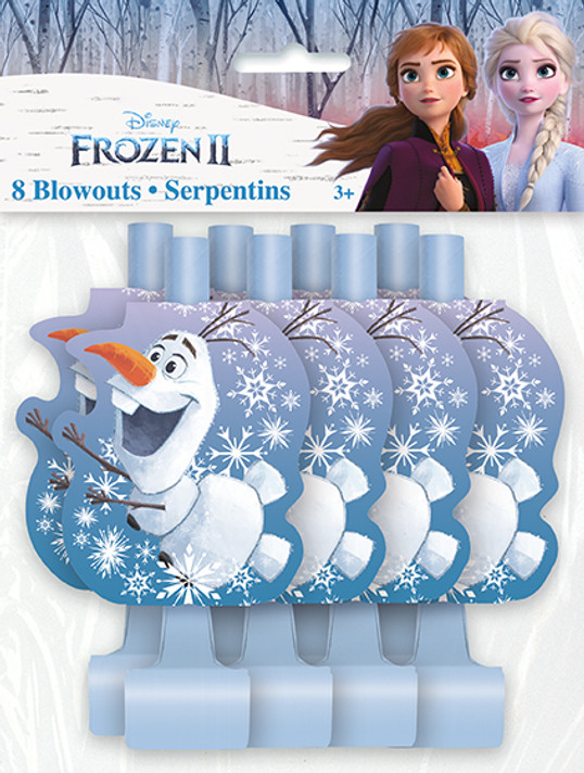 A pack of eight Frozen II party blowouts, each decorated with a smiling Olaf surrounded by white snowflakes on a gradient blue and purple background. The blowouts come with light blue mouthpieces, and the packaging features Elsa and Anna in a snowy forest setting.
