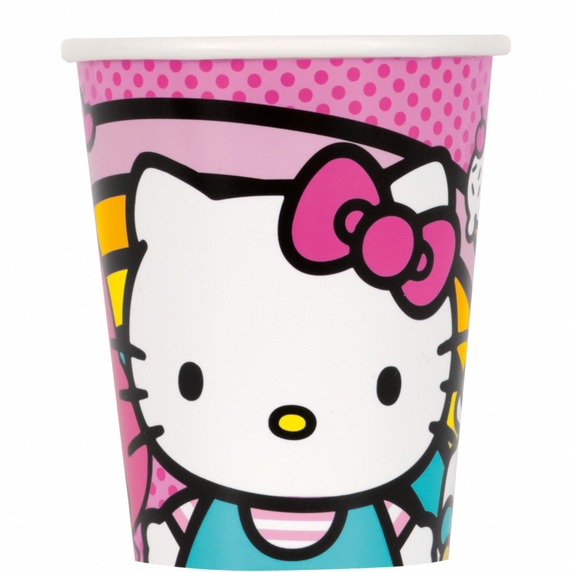 Close-up of Hello Kitty design on paper cups