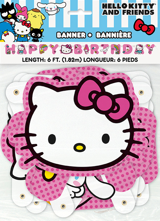 Retail packaging for a Hello Kitty and Friends birthday banner. The banner spells out “Happy Birthday” with pink polka-dot letters featuring Hello Kitty and her friends, including Cinnamoroll, My Melody, and Keroppi. The packaging shows the banner length as 6 feet (1.82 meters) and highlights a large cutout of Hello Kitty’s face with her pink bow.