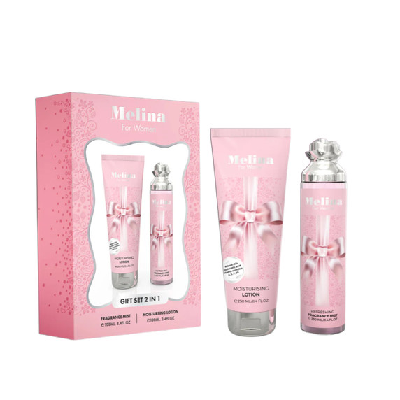 Melina Gift Set for Women with fragrance mist and moisturizing lotion in pink packaging
