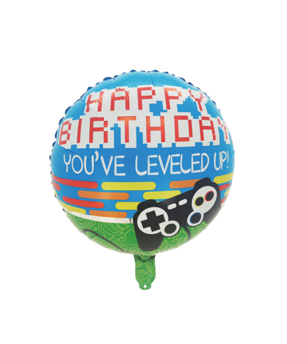 16-inch “You’re Leveled Up” foil balloon with colorful gaming design, perfect for birthday and gamer-themed parties