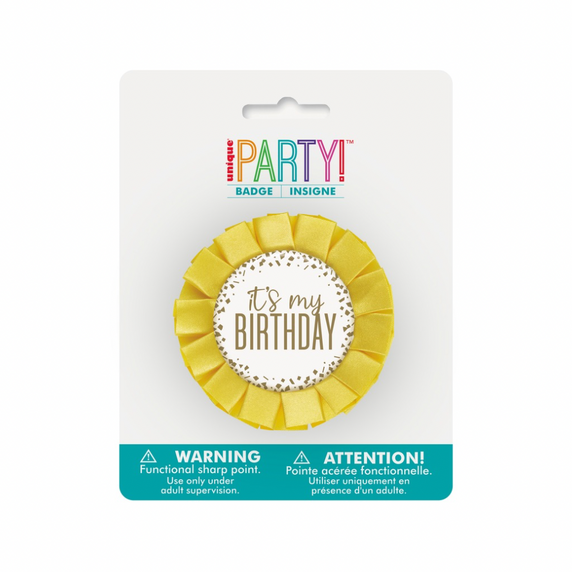 Yellow It’s My Birthday ribbon badge (4 in)