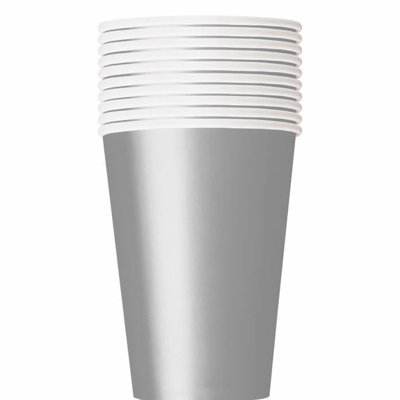 Metallic silver disposable party cups shown together