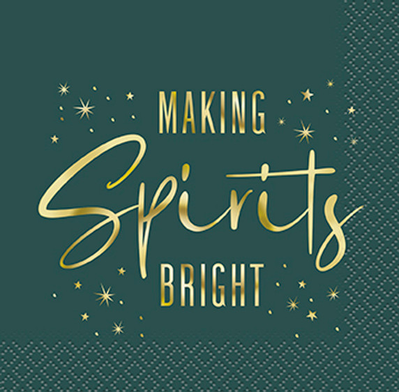 Dark green paper napkins with gold “Making Spirits Bright” lettering for holiday parties