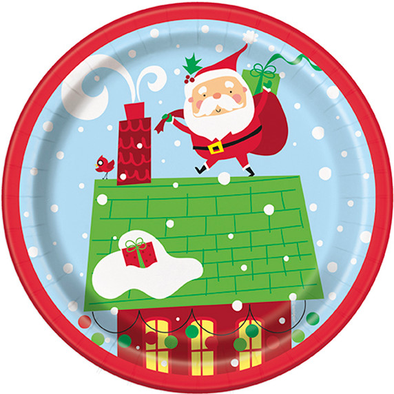 7-inch paper plates with colorful Santa design for holiday parties