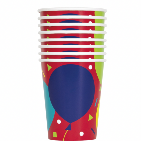 Paper cups with balloon birthday design displayed together