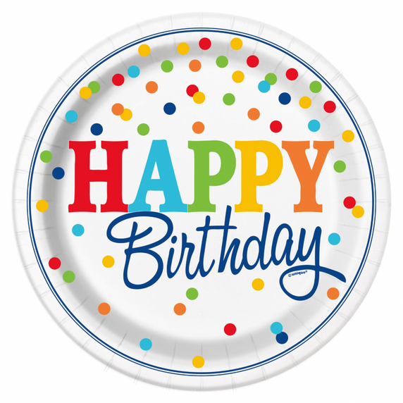 Kids party plate with bright polka dot design