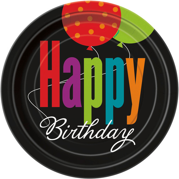 Happy Birthday 7-inch round plate with colorful festive lettering