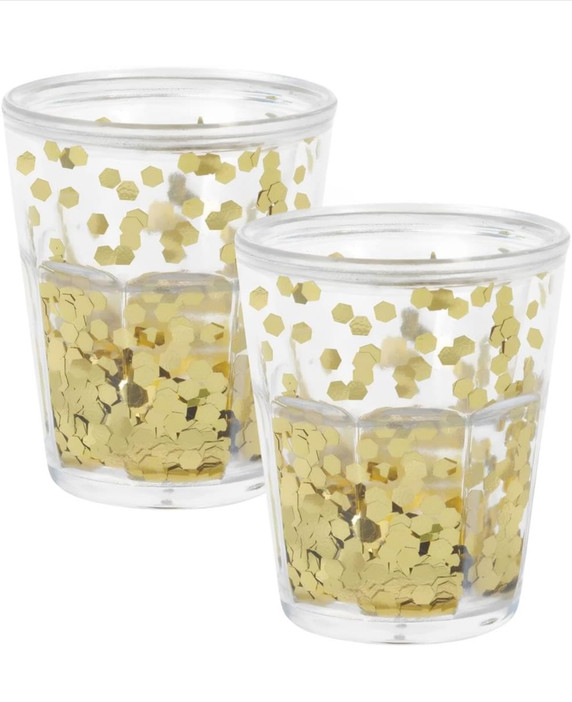 2-pack of gold confetti shot glasses ready for party use