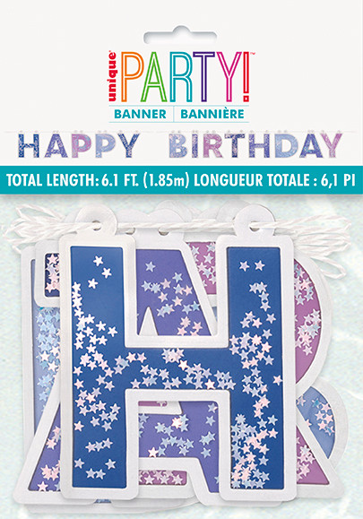 “Happy Birthday” purple and blue letter banner with confetti inside each letter