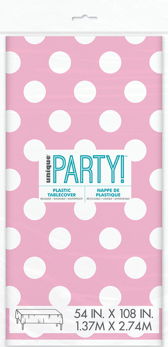 Pink plastic table cover with white polka dots 54 in x 108 in