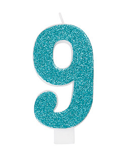 Glitter number 9 birthday candle in assorted colors.