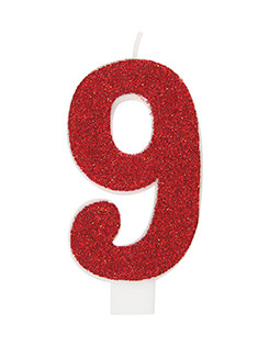 Colorful number 9 birthday candle with sparkling glitter finish.