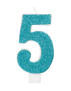 Glitter number 5 birthday candle in assorted colors.