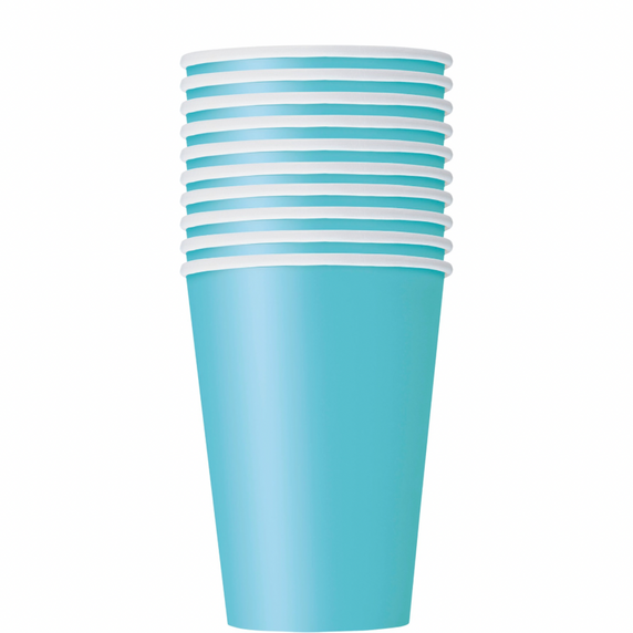 Paper cups in vibrant teal color displayed together