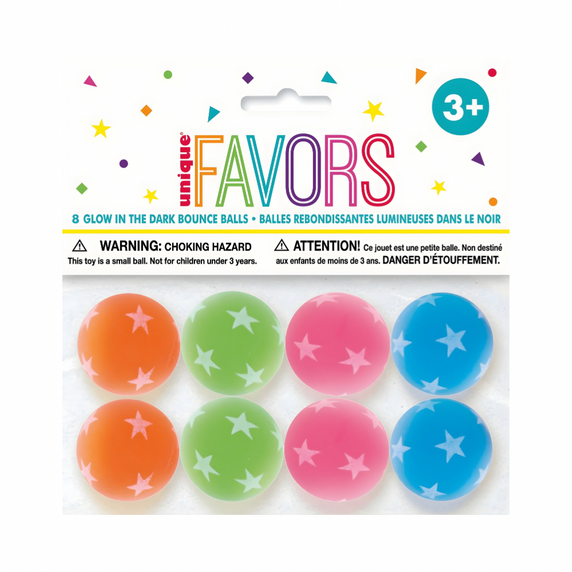 Pack includes 8 glow in the dark bounce balls