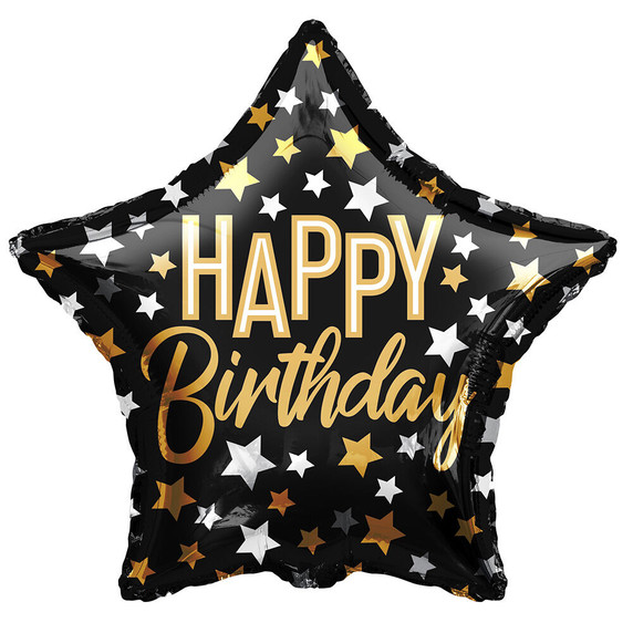 Happy Birthday Star Foil Balloon, 30" Black with Gold & Silver Stars – Birthday Party Decoration