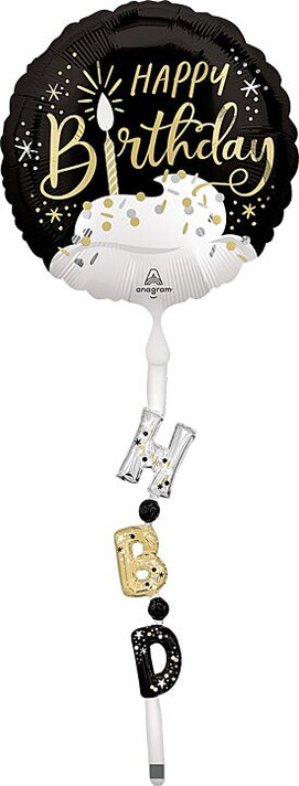 Tall birthday foil balloon with black top and dangling HBD letter tail
