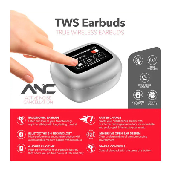 RCA WAVE-45 True Wireless ANC Earbuds with Touchscreen Charging Case – White