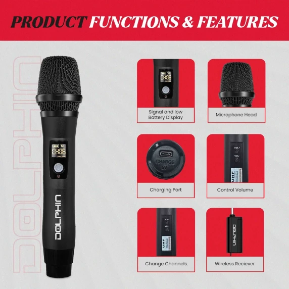 Dolphin MCX11 UHF Wireless Microphone Red and Black