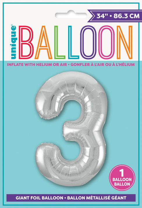 34" Giant Balloon Numeral 3 Silver