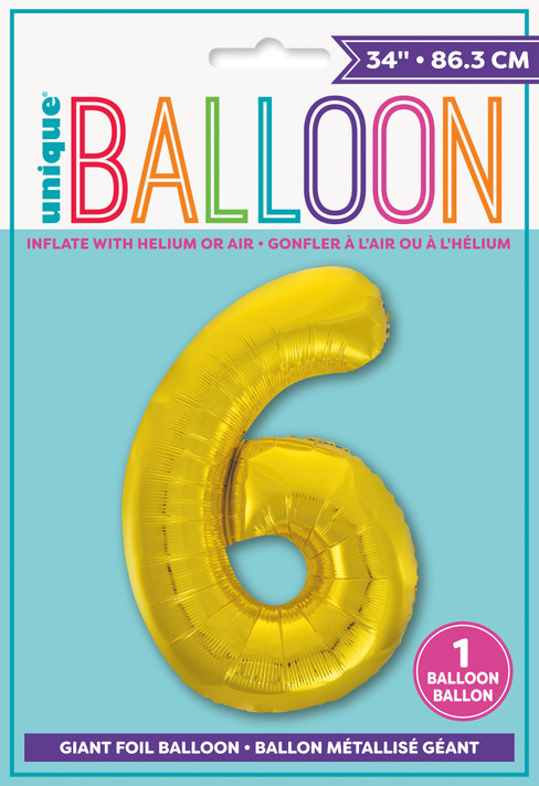 Giant number 6 gold foil balloon in packaging, size 34 inches.