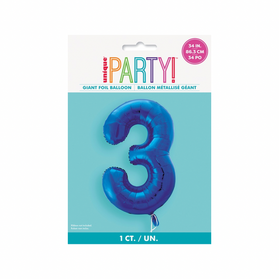 Large blue numeral three balloon for party setup
