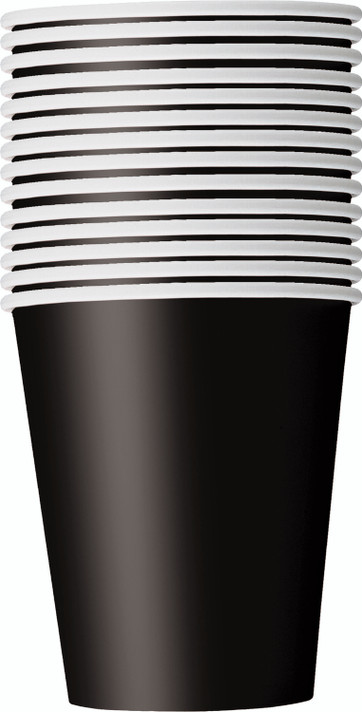 Packaged set of 14 black party cups, 9 oz capacity.