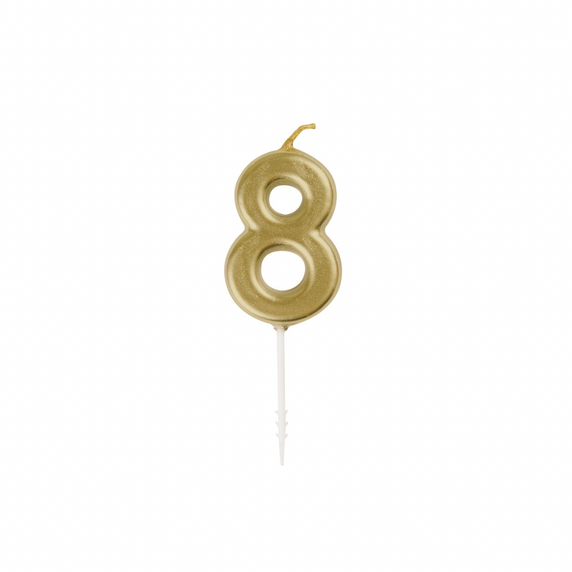Metallic gold numeral eight candle for party cake