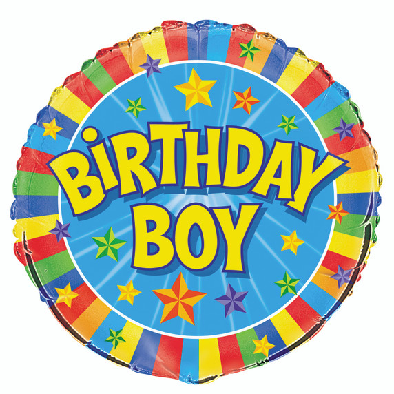 Birthday Boy Foil Balloons in Blue with Color Stars and Color Stripe
