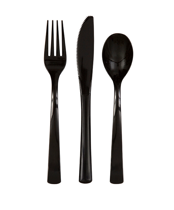 Black plastic cutlery set including fork, knife, and spoon