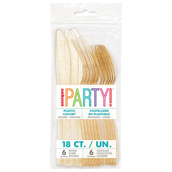 Gold glitter cutlery set with 18 pieces arranged neatly