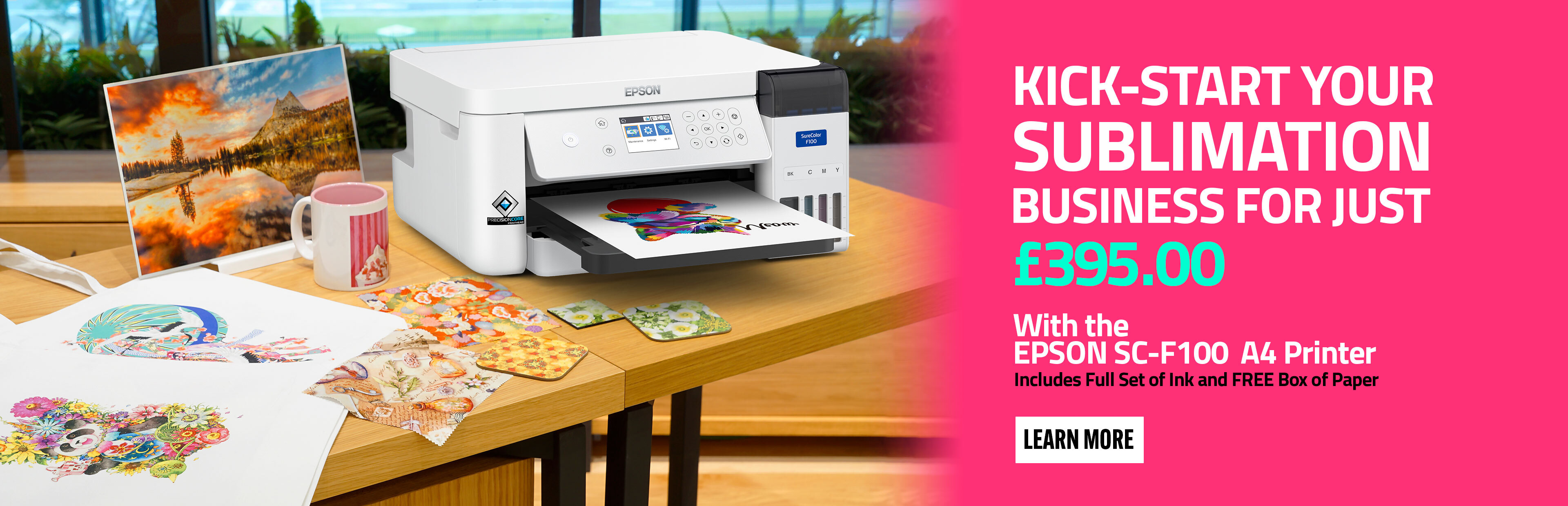 Kick-Start your Sublimation Business for just £375.00 with the EPSON SC-S100 A4 Dye Sublimation Printer. Includes Full set of Ink and FREE box of Paper.