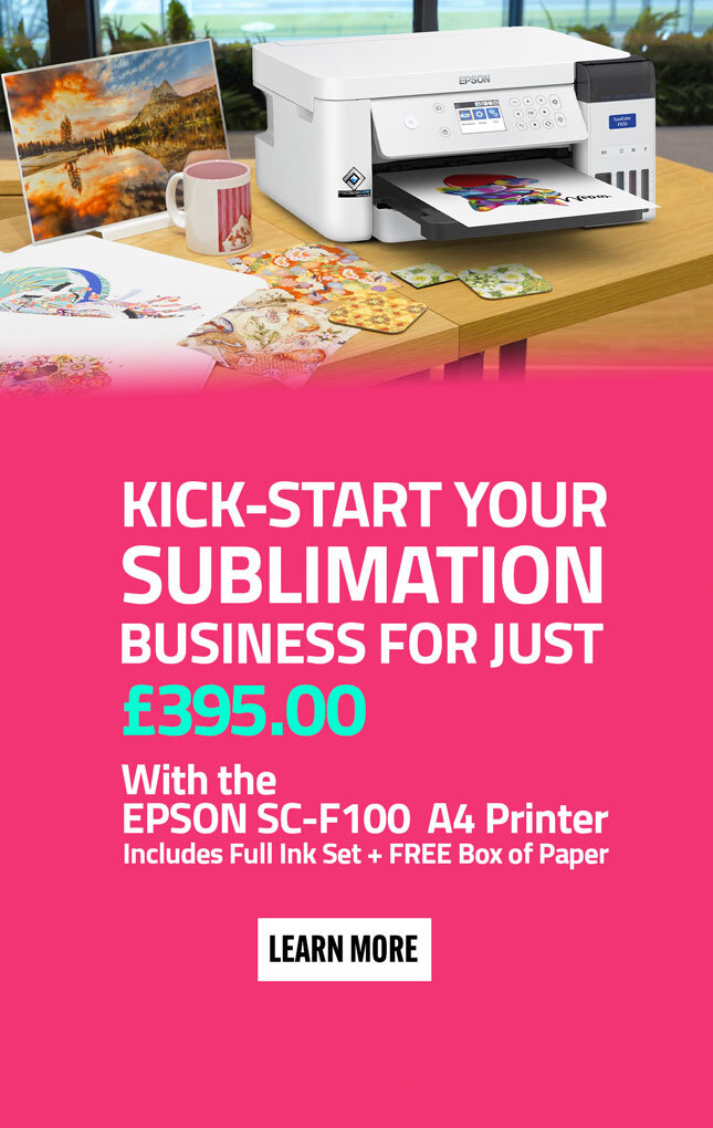 Kick-Start your Sublimation Business for just £375.00 with the EPSON SC-S100 A4 Dye Sublimation Printer. Includes Full set of Ink and FREE box of Paper.