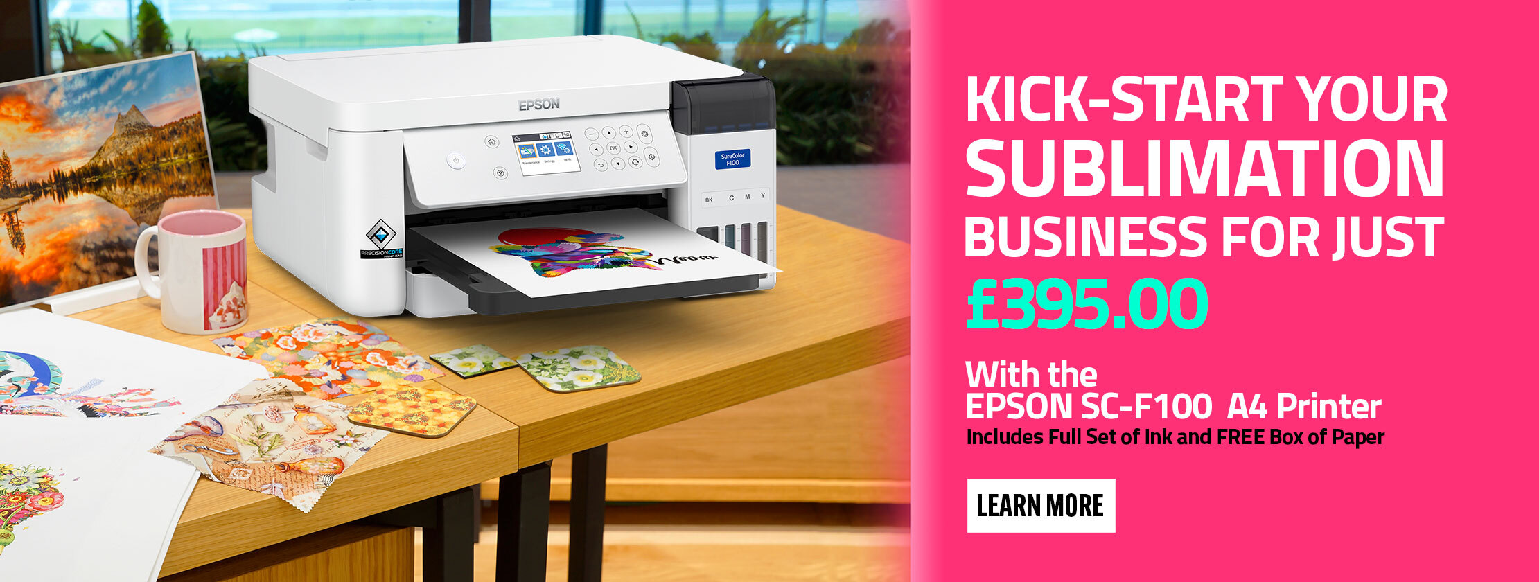Kick-Start your Sublimation Business for just £375.00 with the EPSON SC-S100 A4 Dye Sublimation Printer. Includes Full set of Ink and FREE box of Paper.