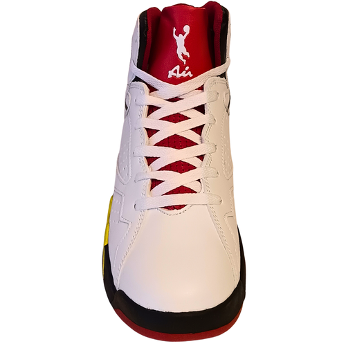 Full view of the White/Multi-Color mid-cut trainer showing all accent colors.