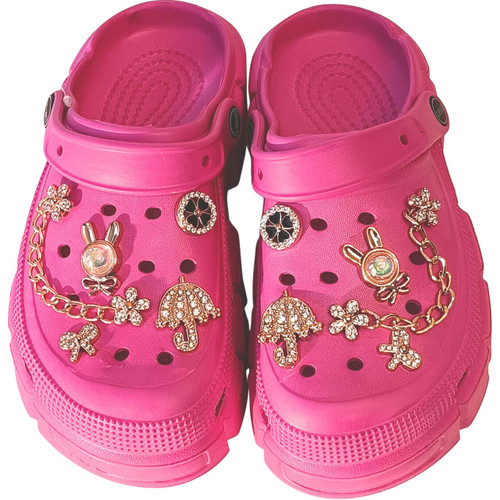 Girls' Luxury Embellished Clog Slippers – Rhinestone Butterfly & Umbrella Charms, Gold Chain, Non-Slip Comfort Platform