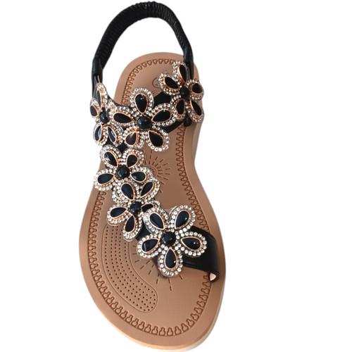 Girls Chic Black Embroidered Lace Flower Summer Slipper with Back Strap
