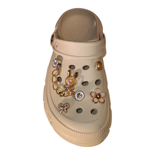 Minimalist off-white chunky platform clogs adorned with high-end gold chains and pearl-like rhinestones