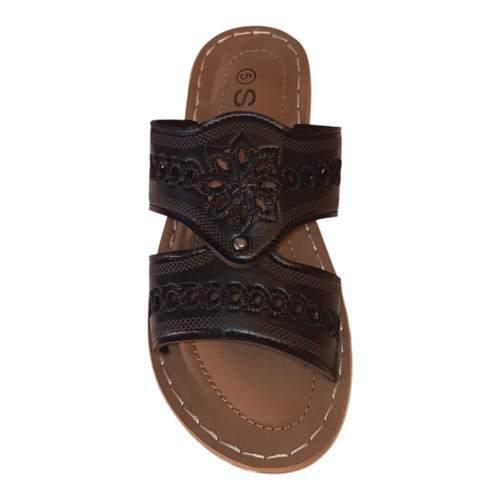 Women’s dual-strap black summer slide sandals featuring an intricate laser-cut floral medallion design on a contoured tan comfort footbed.
