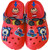 Bold red sandals featuring "flaming" race cars and blue bear charms.
