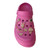 Vibrant hot pink chunky platform clogs pre-loaded with high-shine rhinestone charms and gold chains
