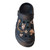 Women’s chunky black platform clogs adorned with luxury gold chains and sparkling rhinestone charms