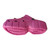 Fashion-forward bright pink garden mules embellished with sparkling floral bows and gold chain details