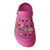 Vibrant hot pink chunky platform clogs pre-loaded with high-shine rhinestone charms and gold chains