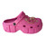 Eye-catching neon pink thick-sole summer sandals featuring an iridescent bunny and crystal accents