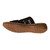 Premium look black faux-leather beach slides featuring delicate floral artisan cutouts and a smooth, all-day wear tan insole.